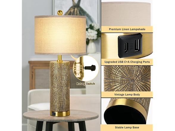 TOBUSA 27"Gold Vintage Table Lamps Set 2