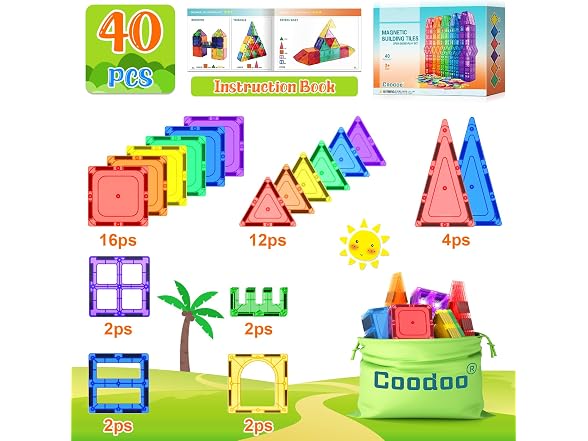 Coodoo Magnetic Tiles Kids STEM Magnet Toy 40PCS