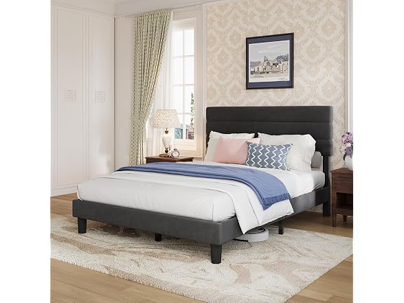 Avenco Full Size Bed Frame, Upholstered, Black Velvet