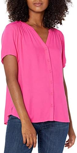 Amazon Essentials Women's Relaxed-Fit Short-Sleeve Woven Blouse, Hot Pink, X-Large