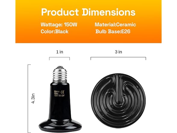 BN-LINK 150W Reptile Heat Lamp 2-Pack, Ceramic Heat Emitter