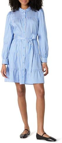 Amazon Essentials Women's Regular-Fit Cotton Sateen Tiered Shirt Dress, Blue White Stripe, Small