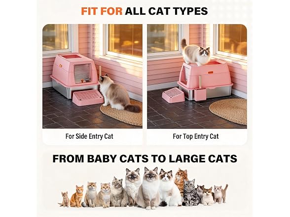 CatbruLop Stainless Steel Litter Box with Lid, Pink