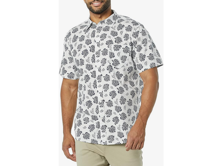 Amazon Essentials Men's Slim-Fit Short-Sleeve Poplin Shirt, White Navy Palm Tree, Medium