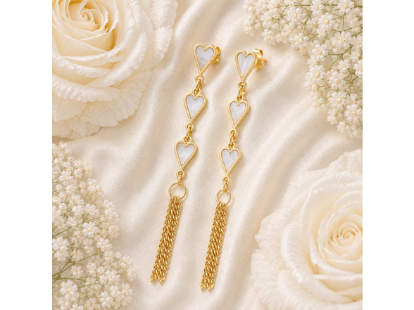 18K Gold Pearl Heart Tassel Earrings