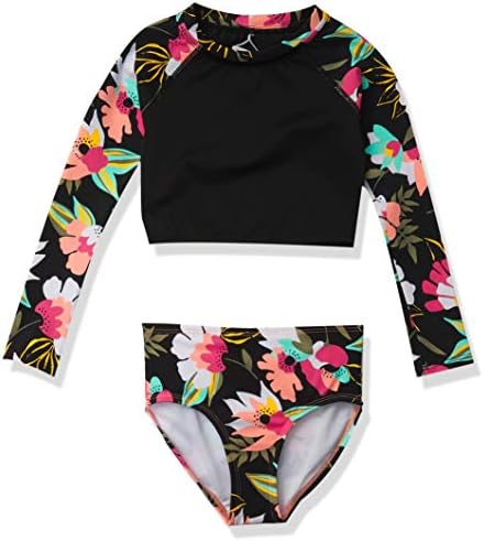 Kanu Surf Girls' Long Sleeve Rashguard UPF 50+ Two Piece Swim Set, Tropical Dance Crop Black, 3T