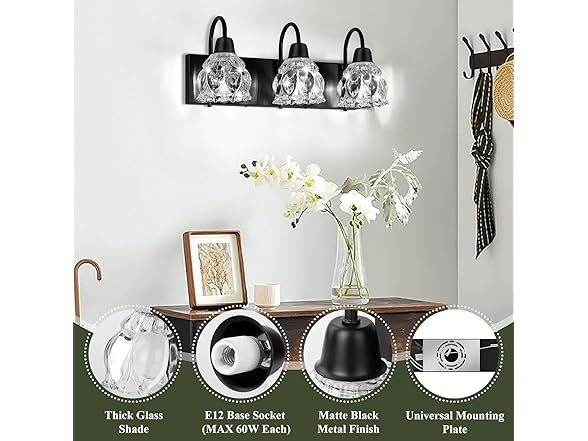 Yochoice 3-Light Bathroom Light Fixture w/Flower Glass