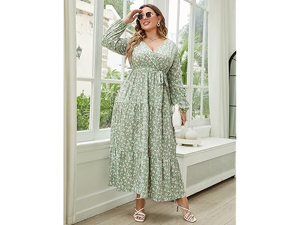 KOJOOIN Wrap Maxi Dress Green Flower (XL)