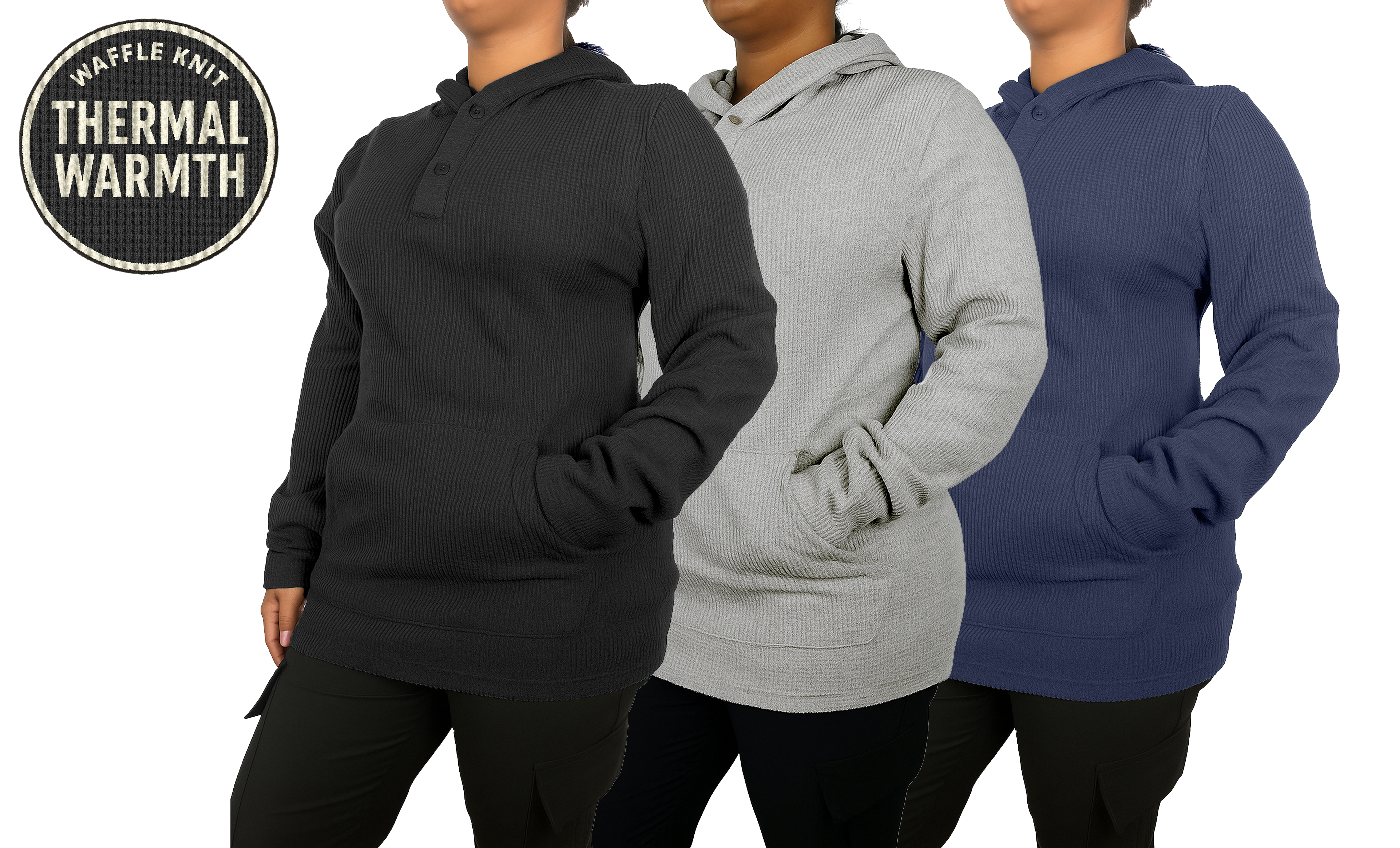 3Pk Womens Waffle-Knit Henley Pullover Hoodie - Gallery 10