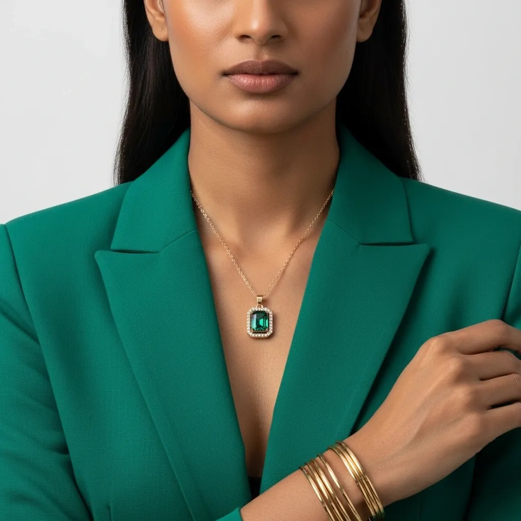 Green Crystal CZ Halo Necklace - Gallery 7
