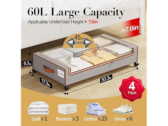 Grey 4 Pck Under the Bed Storage