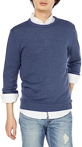 Amazon Essentials Men's Long-Sleeve Crewneck Sweater, 100% Cotton, Big & Tall Options Available, Blue Heather, Large