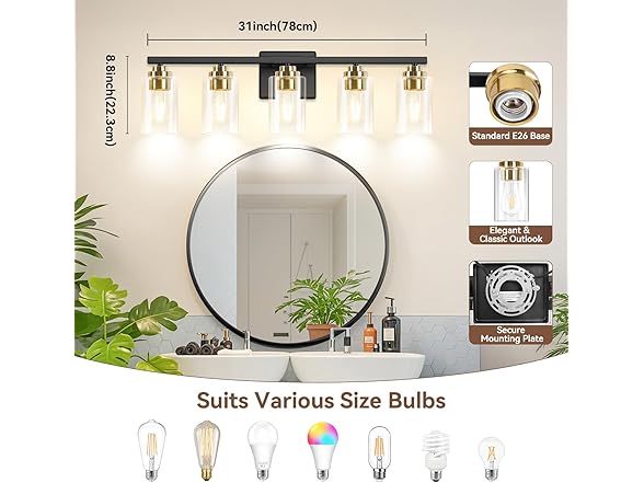 5-Light Bathroom Light Fixtures, 31" Modern Vanity