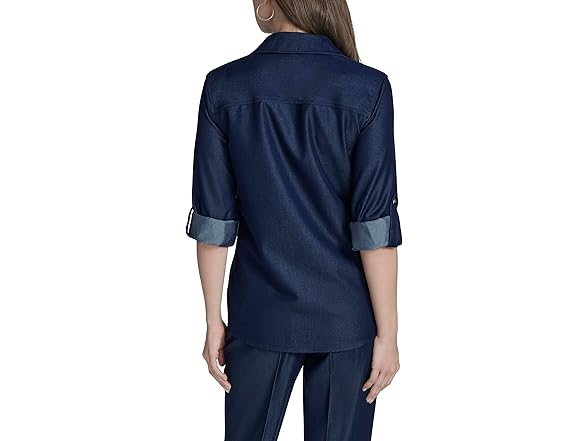Halston Women (XS) Roll-tab Sleeve Denim-like Top