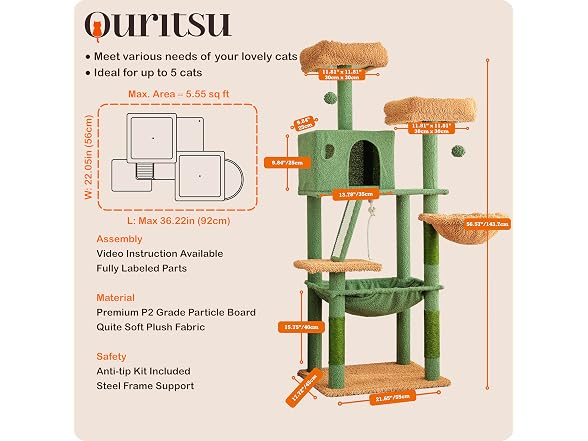 Ouritsu Cat Tree, 56" Tall Cat Tower, Green