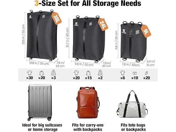 Black 3 Pack Vacuum Bags 3 Sizes