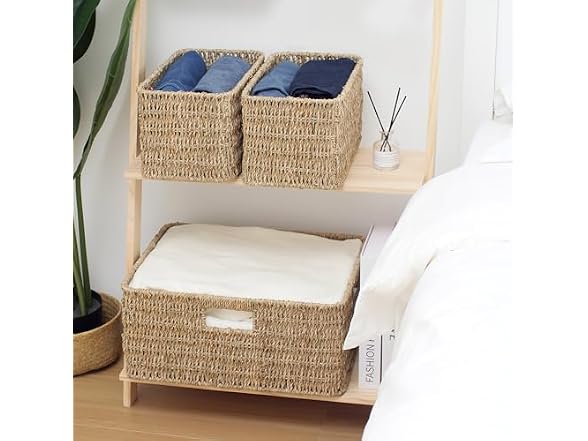 JS HOME Seagrass Wicker Storage Baskets, Set of 3