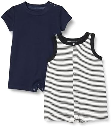 Amazon Essentials Unisex Babies' Sleeveless and Short-Sleeve Romper Set, Pack of 2, Blue/Stripe, 0-3 Months