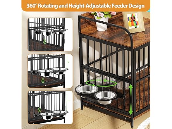 Large Dog Crate End Table with Bowls