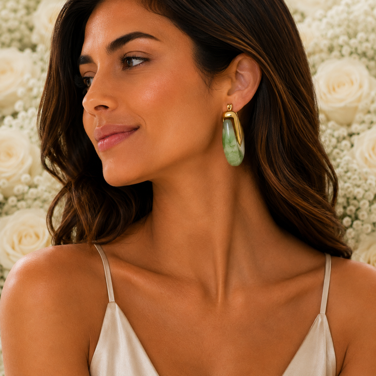 18K Gold Green Resin Hoop Earrings - Gallery 4
