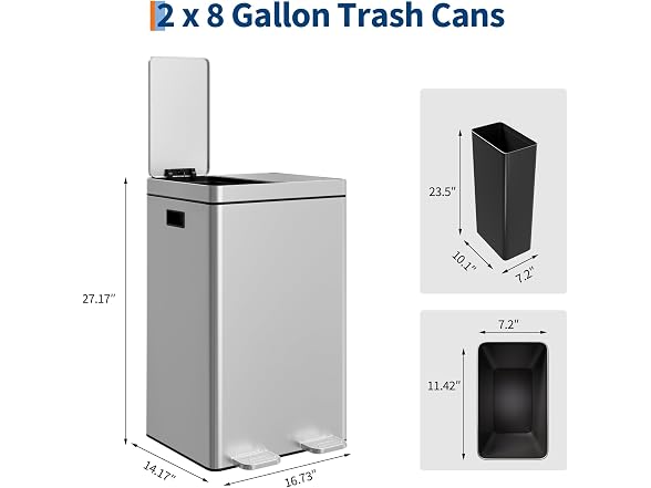 Takywep Dual Compartment Garbage Can, 2×8 Gallon