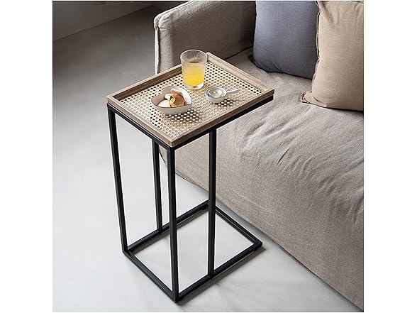 COZAYH Farmhouse End Table with Rustic Wood & Metal Woven