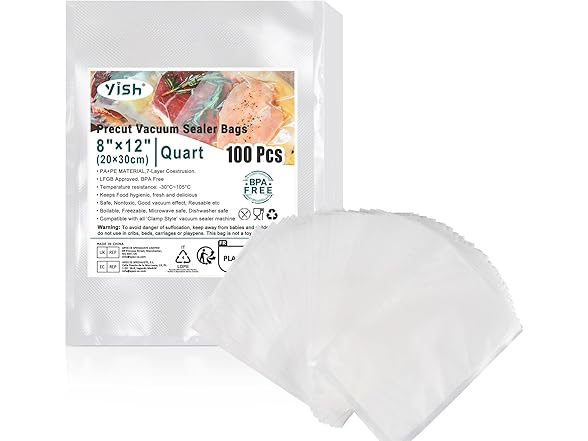 YISH Vacuum Sealer Bags for Food: 100 Quart 8"×12"