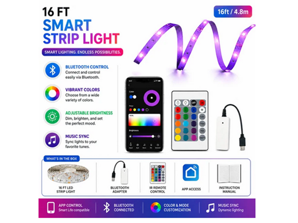 Primo 16 Foot Smart Bluetooth Strip Light with Remote