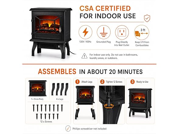 MEGAWISE Electric Fireplace Stove Black