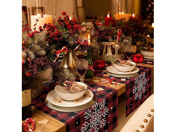 PIEPLE Christmas Table Runner-Red Black Buffalo Plaid Check