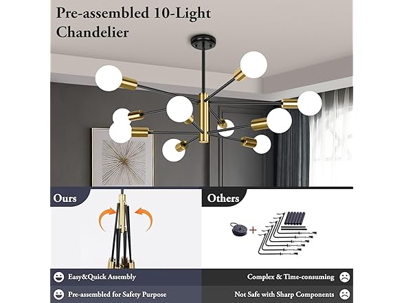 BesLowe 10-Light Modern Sputnik Chandelier, Black & Gold