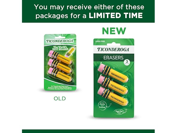 Ticonderoga Pencil Shaped Erasers, Yellow, 3 Count