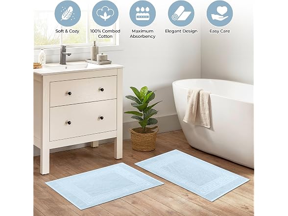 Superior Heavyweight Cotton Bath Mats, Set of 2, 22" x 35", Light Blue