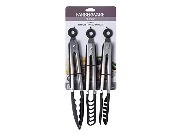 Farberware Classic Nylon Tipped Tongs, 3Pc, Black