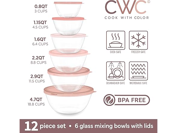 COOK WITH COLOR 12 Pc Pink Glass Mixing Bowl Set