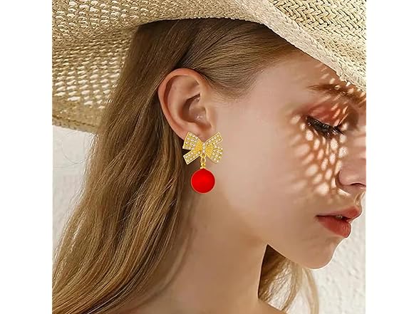Bow Earrings Rhinestone Red