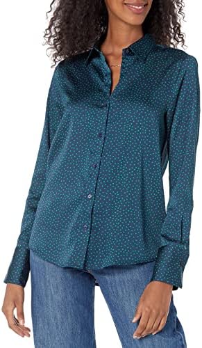 Amazon Essentials Women's Regular-Fit Satin Button Down Blouse (Available in Plus Size), Dark Navy Diamond, Large
