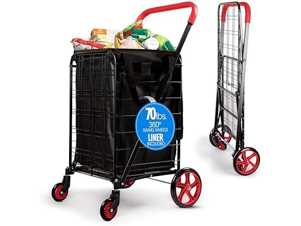 SereneLife Folding Shopping Cart Red