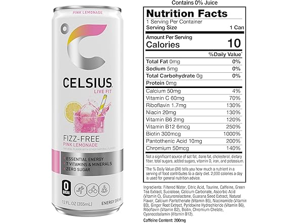 12PK CELSIUS Fizz Free Pink Lemonade, Sugar Free
