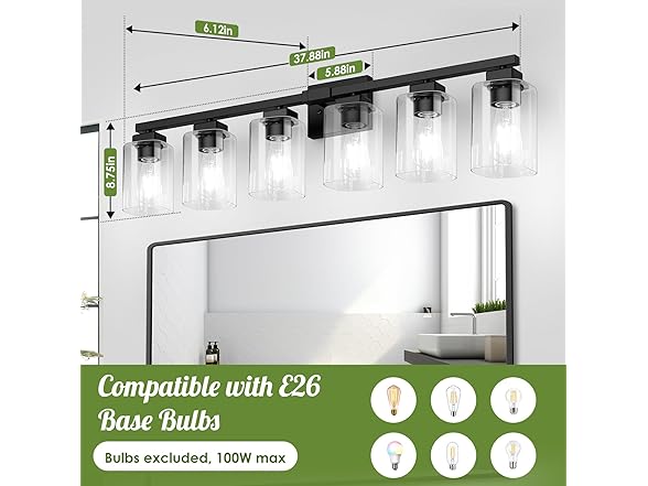 BesLowe 37" 6-Light Bathroom Light Fixture, Black