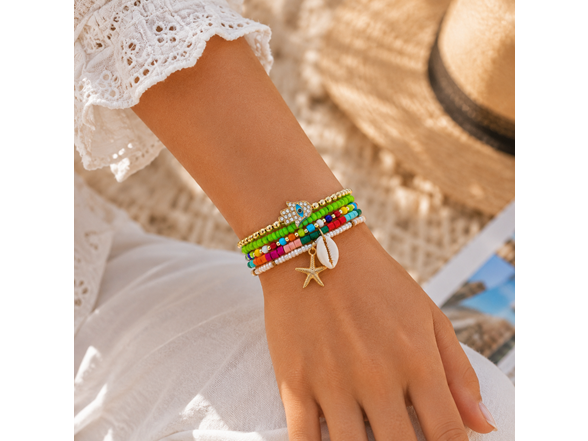 Stretch Beaded Bracelet Stack with Starfish & Shell Charm