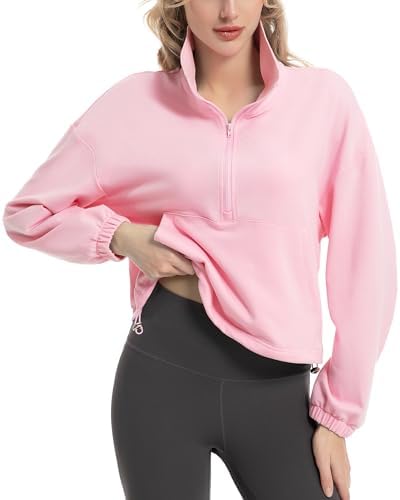 FKEEP Quarter Zip Pullover Women Cropped Sweatshirt Long Sleeve Crop Top Stand Collar Drawstring Casual Pullover Pink