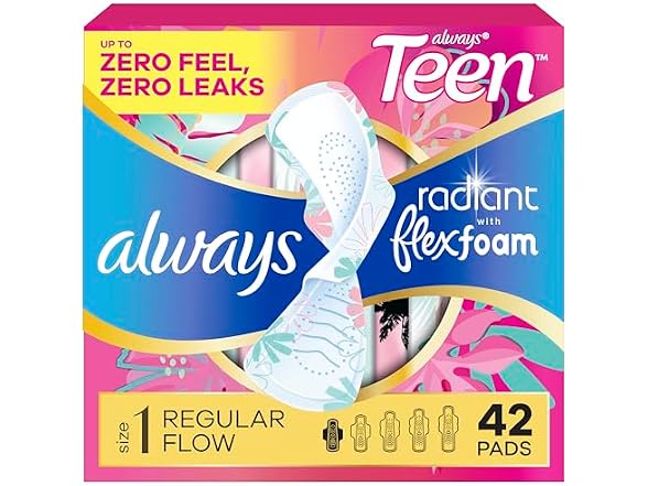 Always Radiant Teen Pads Size 1 Regular Wings