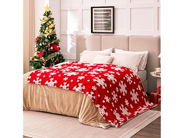 RILIHO Red Sherpa Snowflakes Blanket