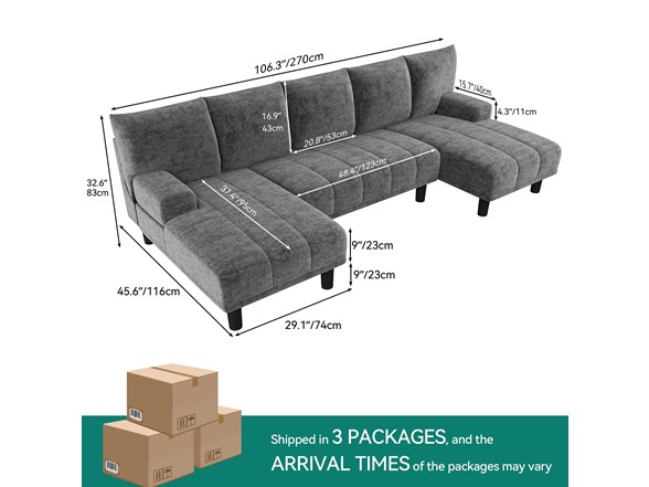 YITAHOME U-Shape Sectional Couch, Grey