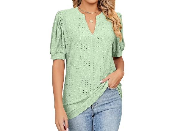 Welinco Women (L) Short Sleeve V-Neck Puff T-Shirt