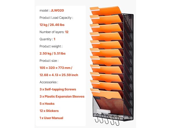 File Wall Rack, One-Piece 12 Pockets Mesh Wall