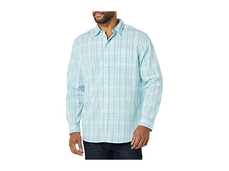 Amazon Essentials Men's Long-Sleeve Slim-Fit Stretch Poplin Shirt, Light Blue White Medium Plaid, X-Small