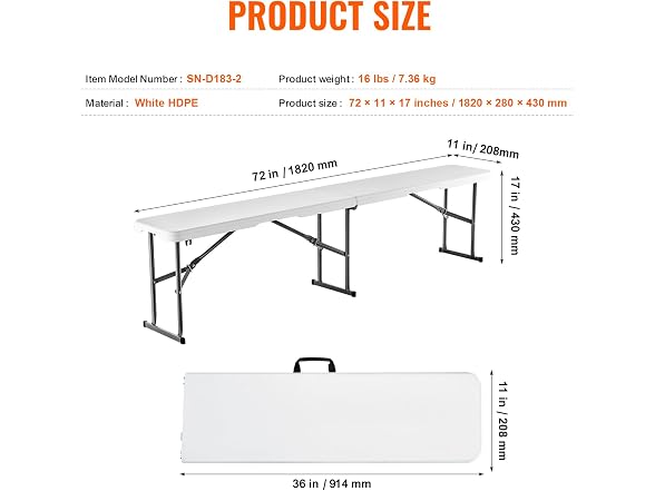 VEVOR Plastic 6' Folding Bench