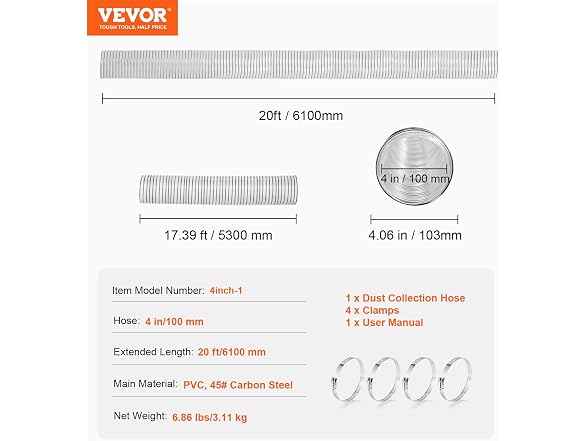 Dust Collection Hose, 4'' x 20', Thickened PVC